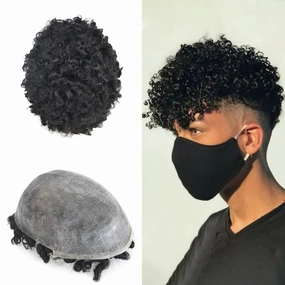 Afro Curl Toupee for Black Men Hair Piece Real Human Hair Full Poly Skin Curly Hair System for Black Men Weave Hair Units African American Mens Toupee 8x10 1# JET BLACK 20MM Afro Wave