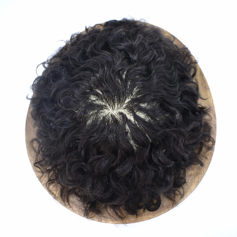 Afro Curl Toupee for Black Men Hair Piece Real Human Hair Full Poly Skin Curly Hair System for Black Men Weave Hair Units African American Mens Toupee 8x10 1# JET BLACK 20MM Afro Wave