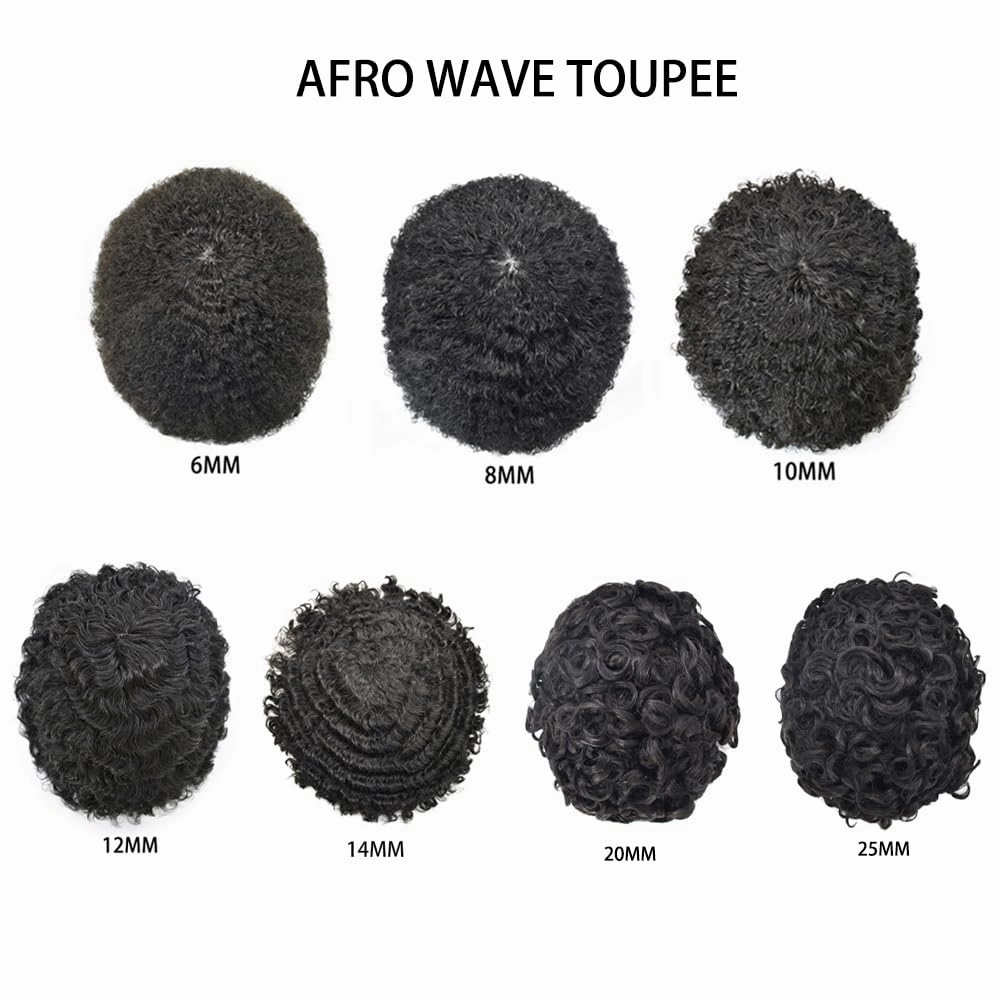Afro Curl Toupee for Black Men Hair Piece Real Human Hair Full Poly Skin Curly Hair System for Black Men Weave Hair Units African American Mens Toupee 8x10 1# JET BLACK 20MM Afro Wave