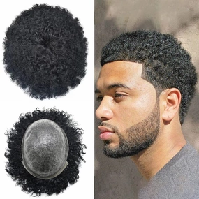 Afro Curl Toupee for Black Men Hair Piece Real Human Hair Full Poly Skin Curly Hair System for Black Men Weave Hair Units African American Mens Toupee 8x10 1B# OFF BLACK 6MM Afro Wave