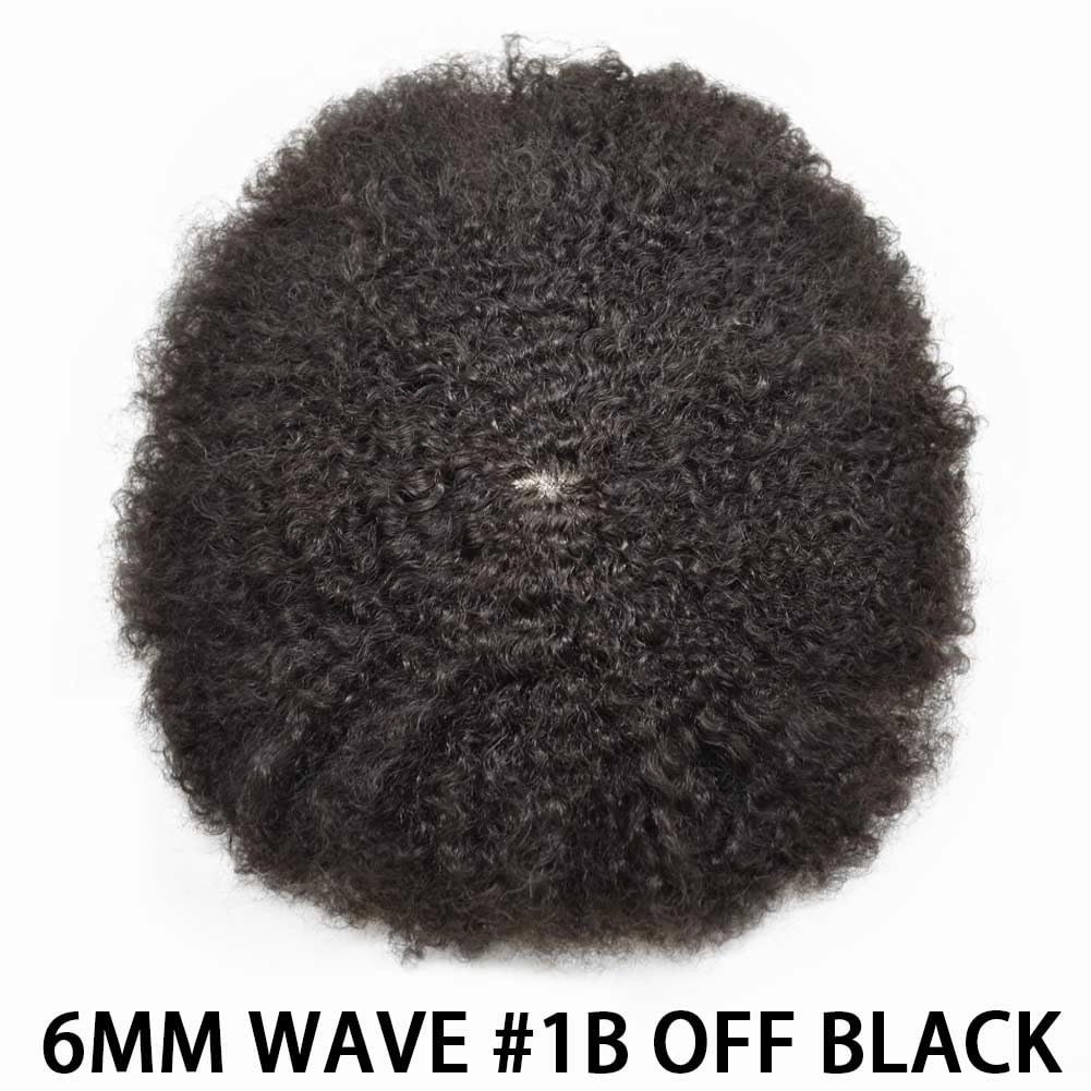 Afro Curl Toupee for Black Men Hair Piece Real Human Hair Full Poly Skin Curly Hair System for Black Men Weave Hair Units African American Mens Toupee 8x10 1B# OFF BLACK 6MM Afro Wave