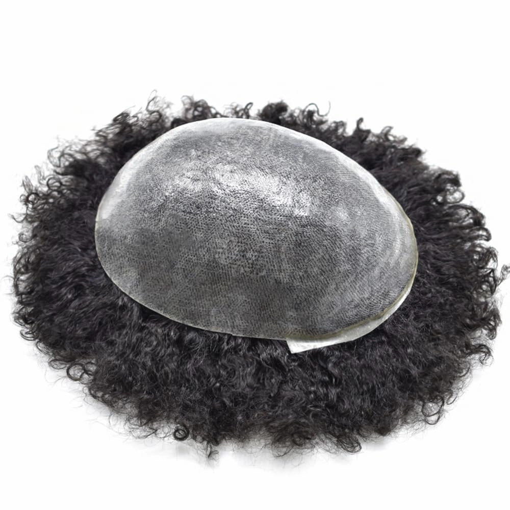 Afro Curl Toupee for Black Men Hair Piece Real Human Hair Full Poly Skin Curly Hair System for Black Men Weave Hair Units African American Mens Toupee 8x10 1B# OFF BLACK 6MM Afro Wave