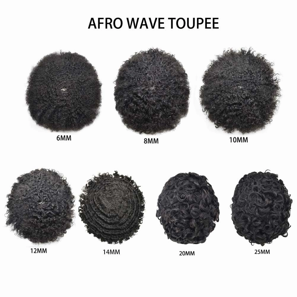Afro Curl Toupee for Black Men Hair Piece Real Human Hair Full Poly Skin Curly Hair System for Black Men Weave Hair Units African American Mens Toupee 8x10 1B# OFF BLACK 6MM Afro Wave