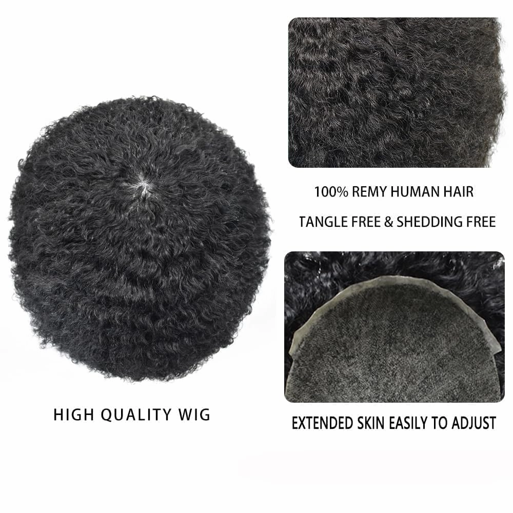 Afro Curl Toupee for Black Men Hair Piece Real Human Hair Full Poly Skin Curly Hair System for Black Men Weave Hair Units African American Mens Toupee 8x10 1B# OFF BLACK 6MM Afro Wave