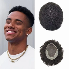 Afro Curl Toupee for Black Men Human Hair Swiss Lace Gray Hair Units for Black Men Hair System Bleached Knot Natural Hairline African American Hairpiece #110#1B JET BLACK 10% GREY 8X10-6MM Afro Wave