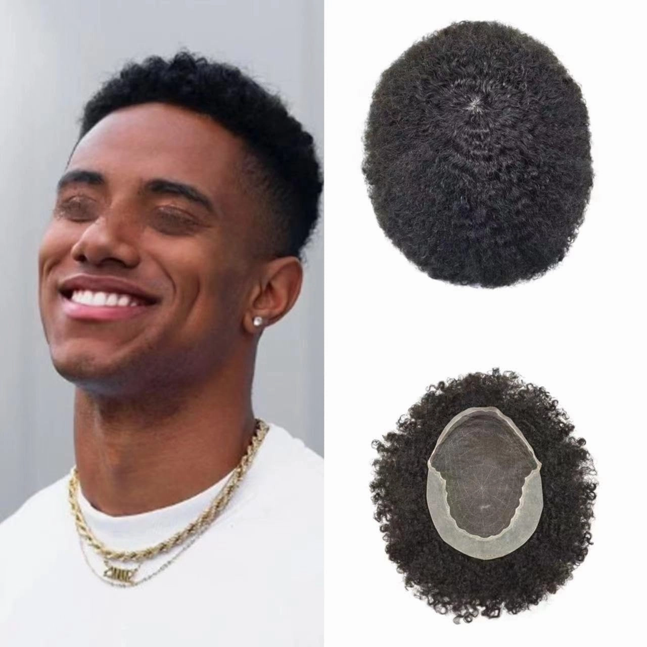 Afro Curl Toupee for Black Men Human Hair Swiss Lace Gray Hair Units for Black Men Hair System Bleached Knot Natural Hairline African American Hairpiece #110#1B JET BLACK 10% GREY 8X10-6MM Afro Wave