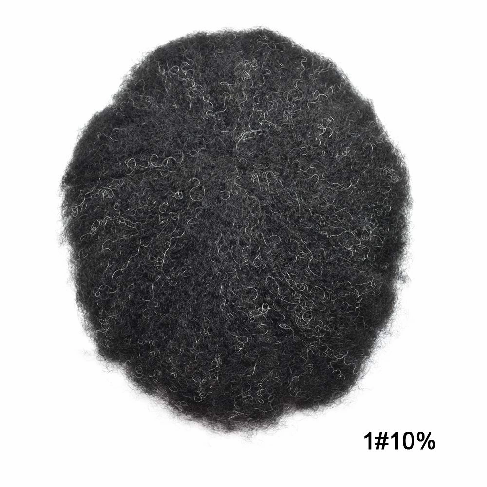 Afro Curl Toupee for Black Men Human Hair Swiss Lace Gray Hair Units for Black Men Hair System Bleached Knot Natural Hairline African American Hairpiece #110#1B JET BLACK 10% GREY 8X10-6MM Afro Wave