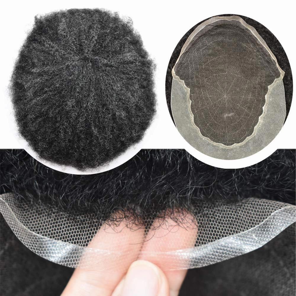 Afro Curl Toupee for Black Men Human Hair Swiss Lace Gray Hair Units for Black Men Hair System Bleached Knot Natural Hairline African American Hairpiece #120#1B JET BLACK 20% GREY 8X10-6MM Afro Wave