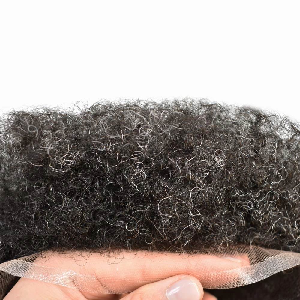 Afro Curl Toupee for Black Men Human Hair Swiss Lace Gray Hair Units for Black Men Hair System Bleached Knot Natural Hairline African American Hairpiece #120#1B JET BLACK 20% GREY 8X10-6MM Afro Wave