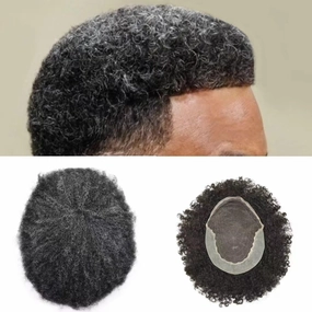 Afro Curl Toupee for Black Men Human Hair Swiss Lace Gray Hair Units for Black Men Hair System Bleached Knot Natural Hairline African American Hairpiece #120#1B JET BLACK 20% GREY 8X10-6MM Afro Wave