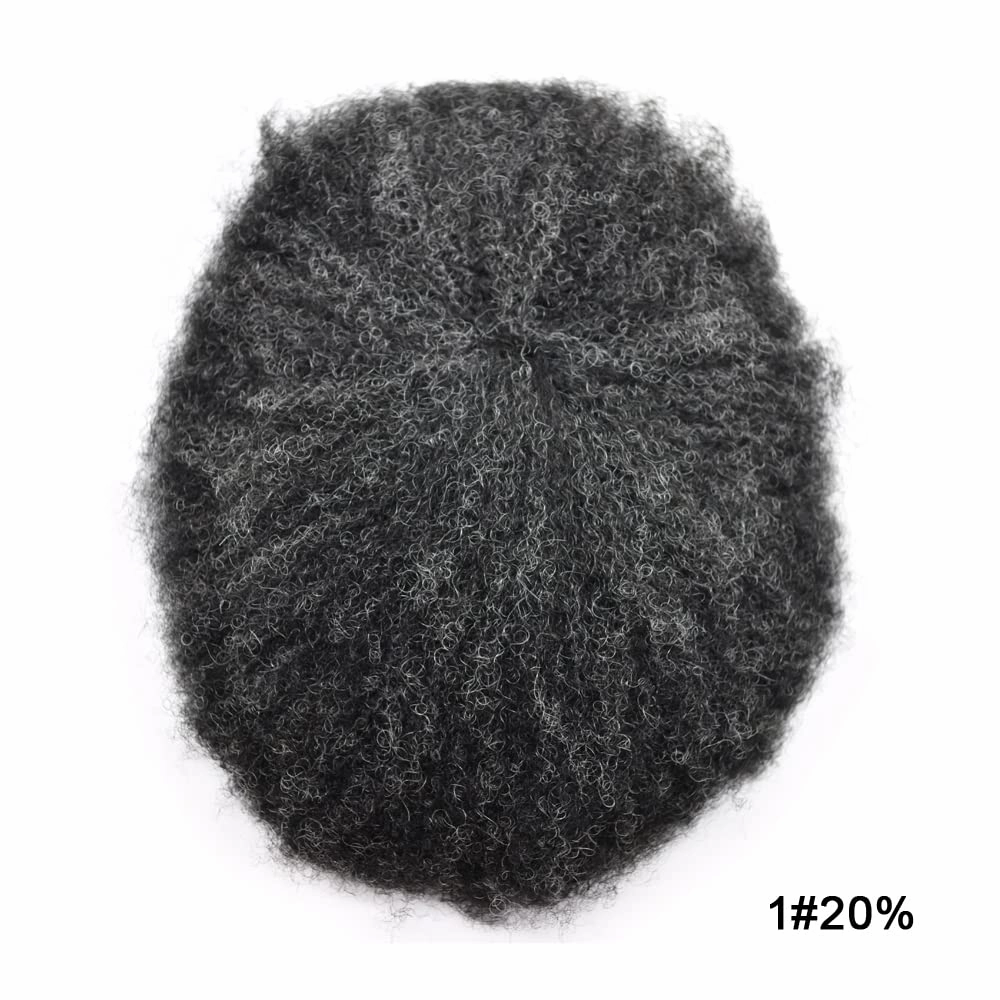 Afro Curl Toupee for Black Men Human Hair Swiss Lace Gray Hair Units for Black Men Hair System Bleached Knot Natural Hairline African American Hairpiece #120#1B JET BLACK 20% GREY 8X10-6MM Afro Wave