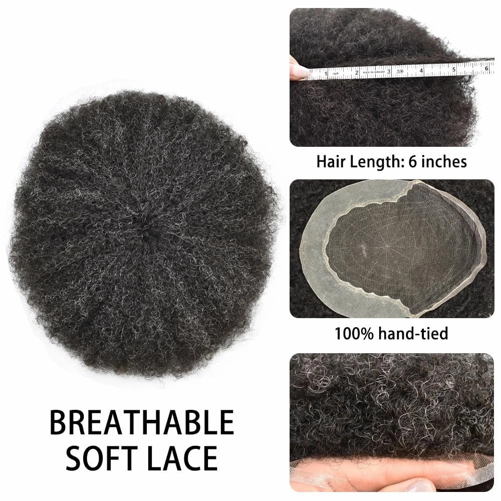 Afro Curl Toupee for Black Men Human Hair Swiss Lace Gray Hair Units for Black Men Hair System Bleached Knot Natural Hairline African American Hairpiece #120#1B JET BLACK 20% GREY 8X10-6MM Afro Wave