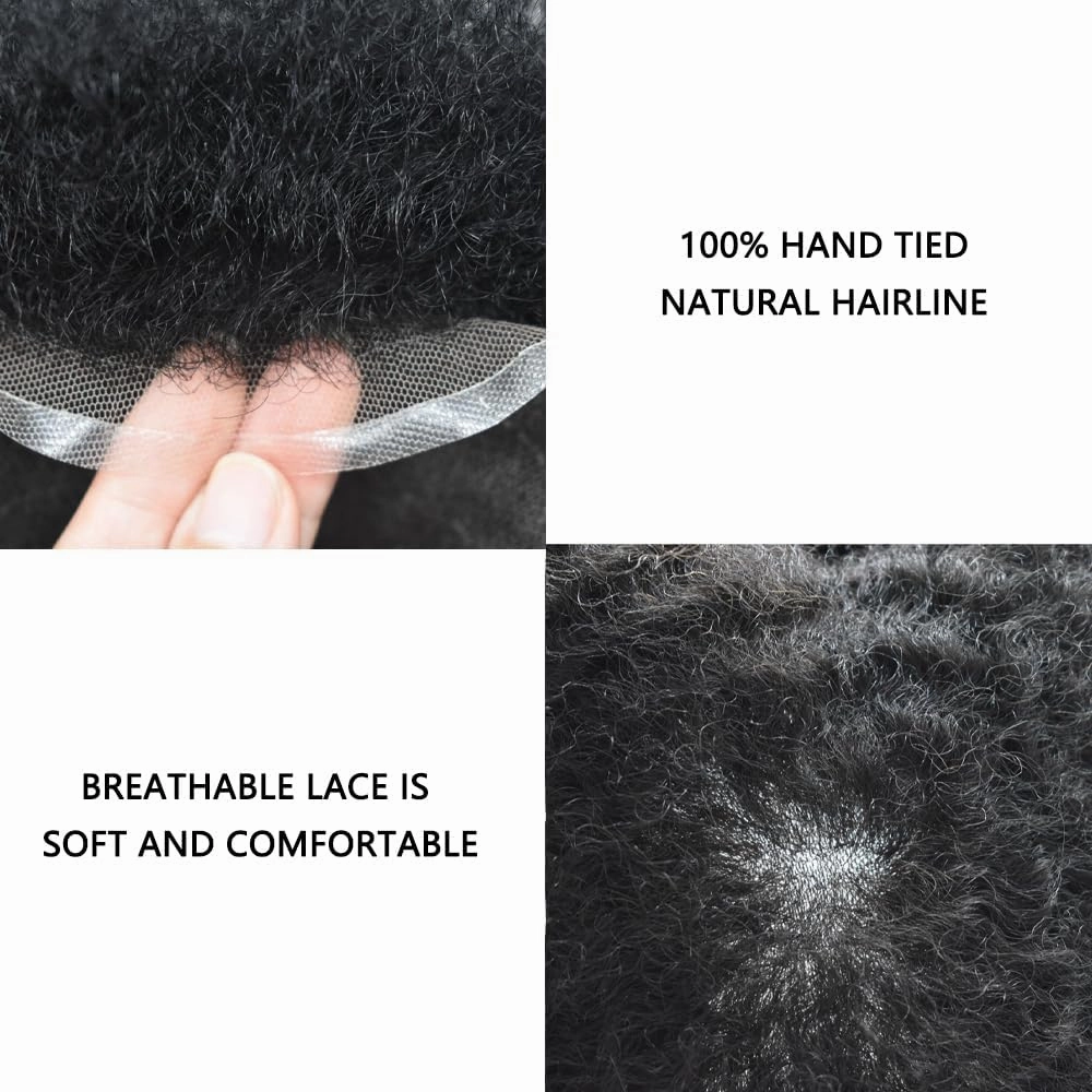Afro Curl Toupee for Black Men Human Hair Swiss Lace Hair Unit for Black Men Hair System Bleached Knot Natural Hairline African American Hairpiece 8x10 12MM Afro Wave #1 Jet Black