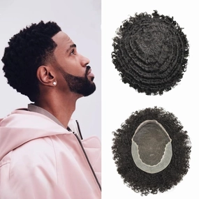 Afro Curl Toupee for Black Men Human Hair Swiss Lace Hair Unit for Black Men Hair System Bleached Knot Natural Hairline African American Hairpiece 8x10 12MM Afro Wave #1 Jet Black