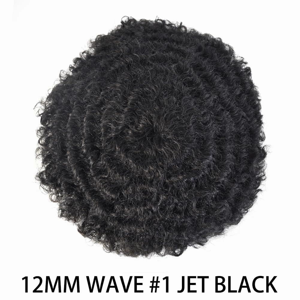 Afro Curl Toupee for Black Men Human Hair Swiss Lace Hair Unit for Black Men Hair System Bleached Knot Natural Hairline African American Hairpiece 8x10 12MM Afro Wave #1 Jet Black
