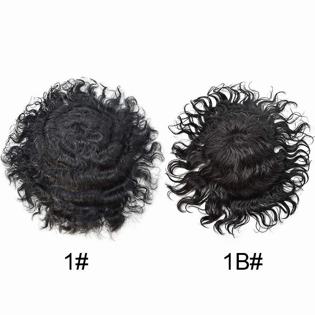 Afro Curl Toupee for Black Men Human Hair Swiss Lace Hair Unit for Black Men Hair System Bleached Knot Natural Hairline African American Hairpiece 8x10 12MM Afro Wave #1 Jet Black