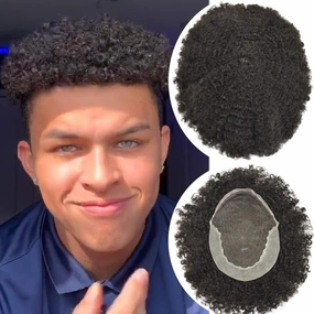 Afro Curl Toupee for Black Men Human Hair Swiss Lace Hair Units for Black Men Hair System Bleached Knot Natural Hairline African American Hairpiece #1 Jet Black 8X10-10MM Afro Wave