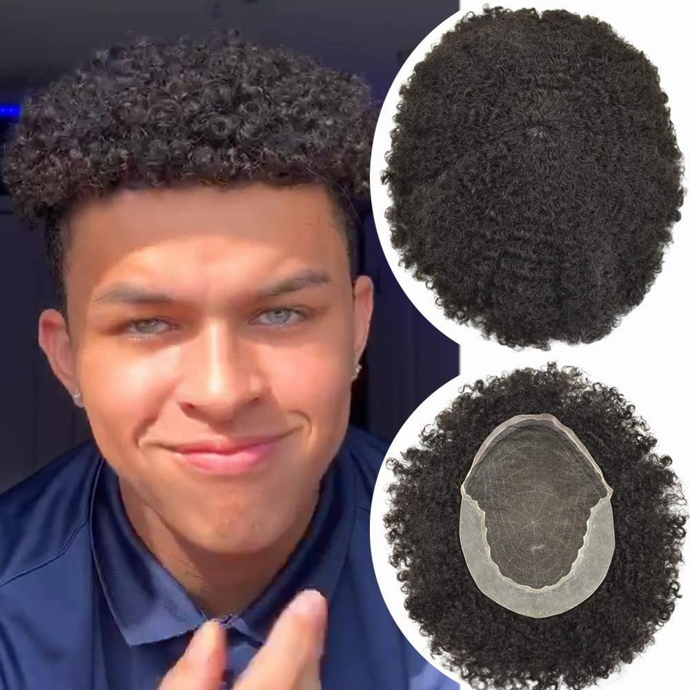 Afro Curl Toupee for Black Men Human Hair Swiss Lace Hair Units for Black Men Hair System Bleached Knot Natural Hairline African American Hairpiece #1 Jet Black 8X10-10MM Afro Wave