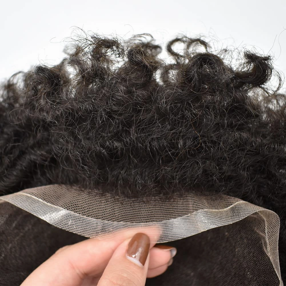 Afro Curl Toupee for Black Men Human Hair Swiss Lace Hair Units for Black Men Hair System Bleached Knot Natural Hairline African American Hairpiece #1 Jet Black 8X10-10MM Afro Wave