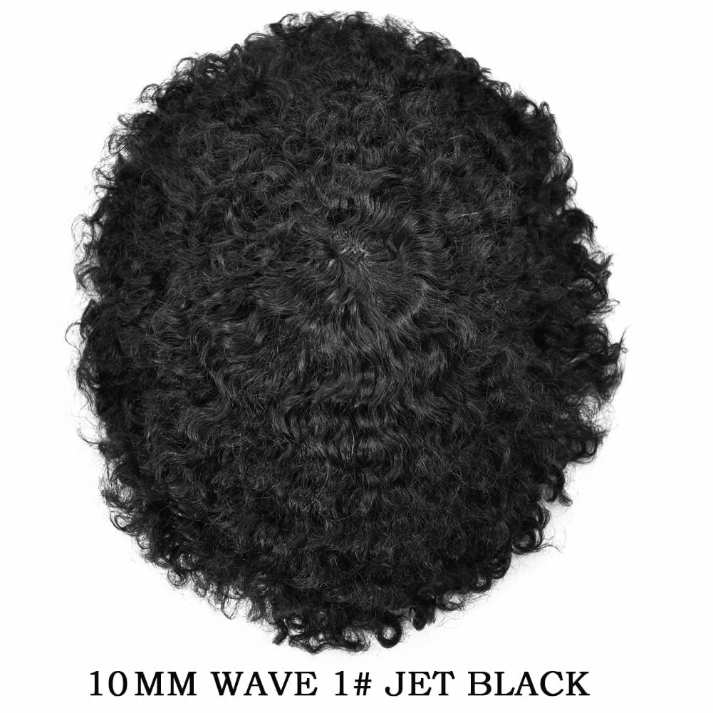 Afro Curl Toupee for Black Men Human Hair Swiss Lace Hair Units for Black Men Hair System Bleached Knot Natural Hairline African American Hairpiece #1 Jet Black 8X10-10MM Afro Wave