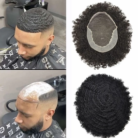 Afro Curl Toupee for Black Men Human Hair Swiss Lace Hair Units for Black Men Hair System Bleached Knot Natural Hairline African American Hairpiece #1B Off Black 8X10-10MM Afro Wave