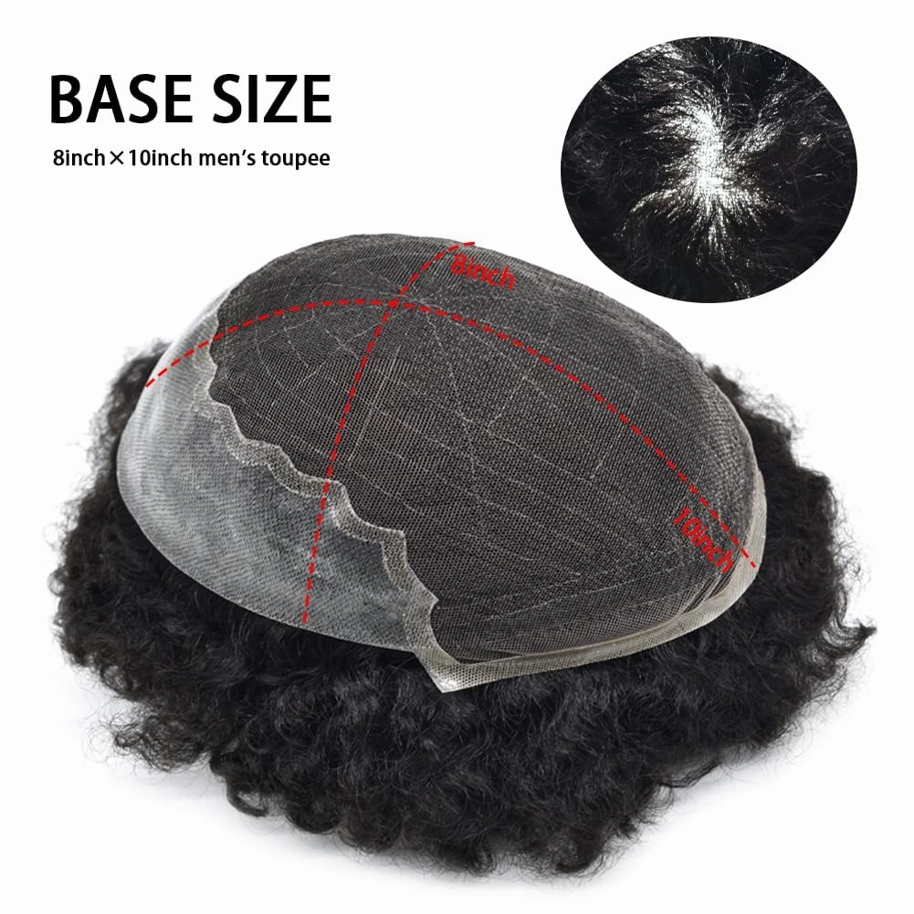 Afro Curl Toupee for Black Men Human Hair Swiss Lace Hair Units for Black Men Hair System Bleached Knot Natural Hairline African American Hairpiece #1B Off Black 8X10-10MM Afro Wave