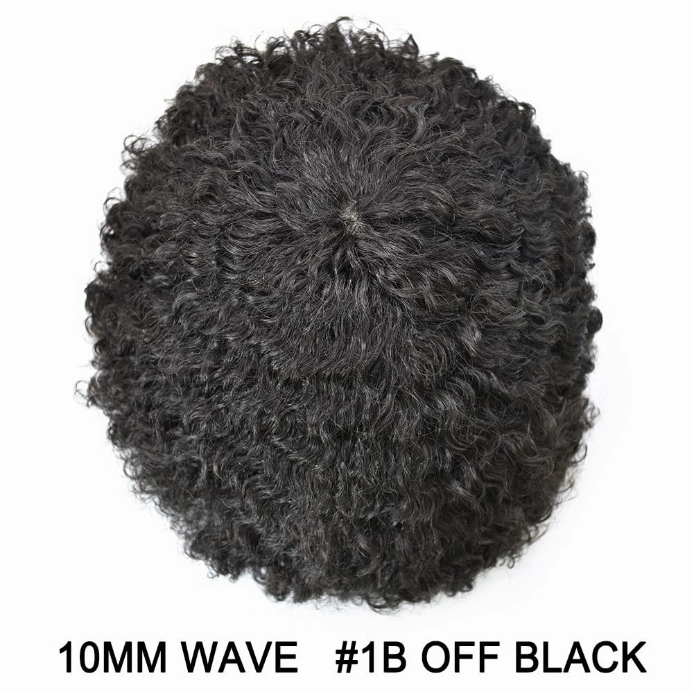 Afro Curl Toupee for Black Men Human Hair Swiss Lace Hair Units for Black Men Hair System Bleached Knot Natural Hairline African American Hairpiece #1B Off Black 8X10-10MM Afro Wave