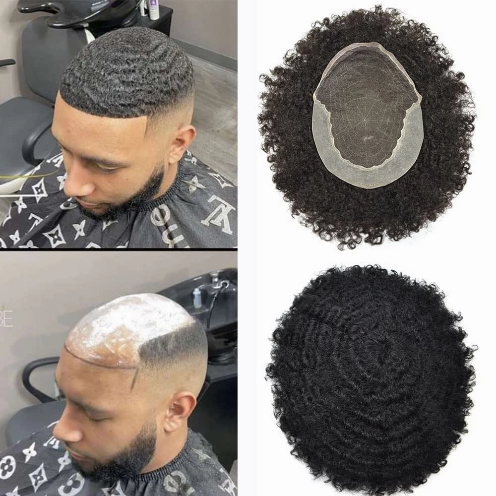 Afro Curl Toupee for Black Men Human Hair Swiss Lace Hair Units for Black Men Hair System Bleached Knot Natural Hairline African American Hairpiece #1B Off Black 8X10-10MM Afro Wave