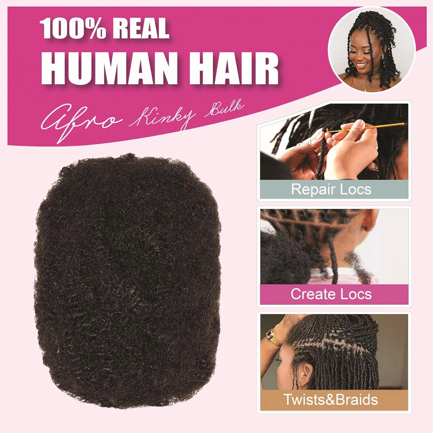 Afro Kinkys Bulk Human Hair 30g -100% Real Human Hair for Mini Twist, Braiding, Loc Extensions & Crochet, Kinky Curly Hair Bundles, Natural Afro Bulk for Dreadlocks(Natural Black, 6)