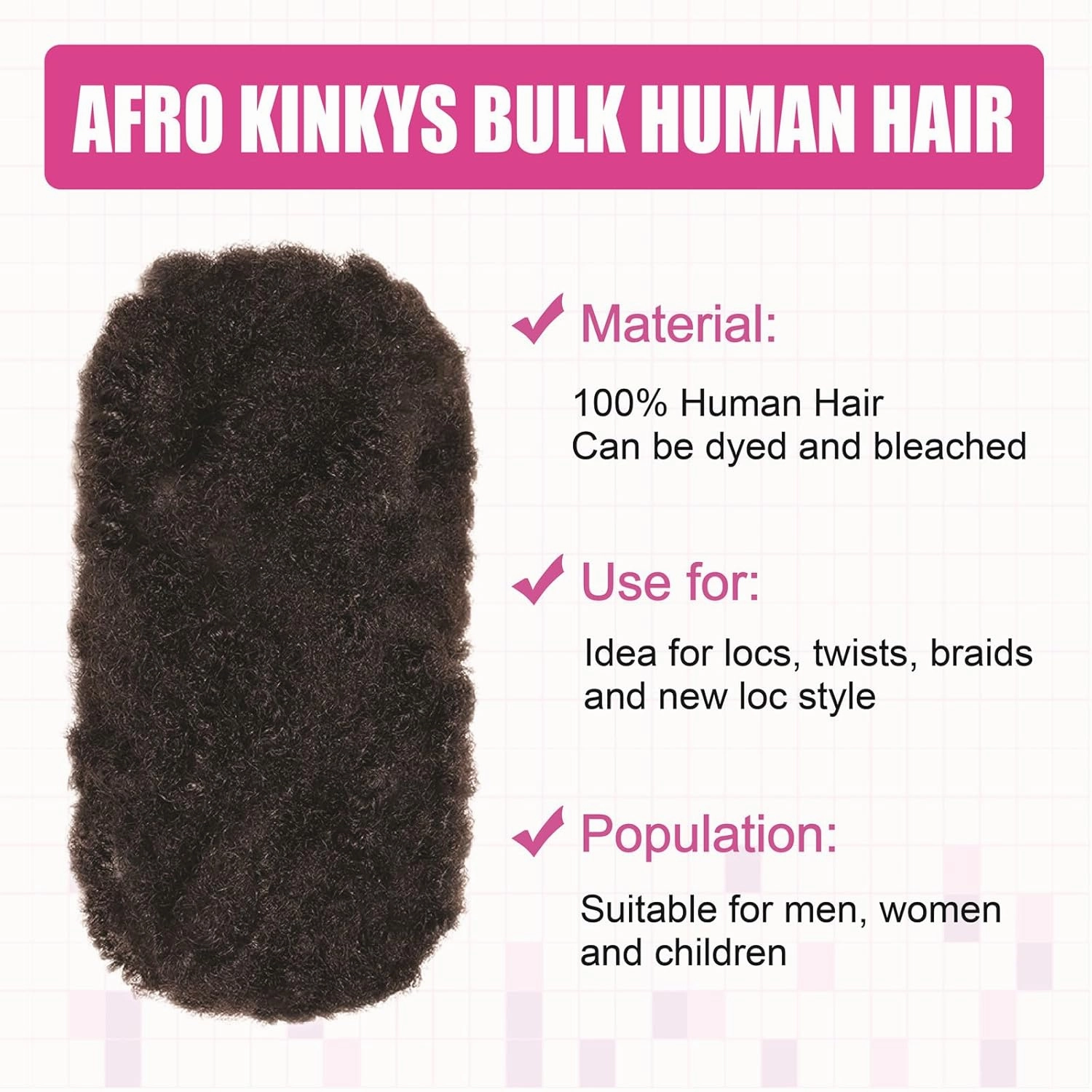 Afro Kinkys Bulk Human Hair 30g -100% Real Human Hair for Mini Twist, Braiding, Loc Extensions & Crochet, Kinky Curly Hair Bundles, Natural Afro Bulk for Dreadlocks(Natural Black, 6)
