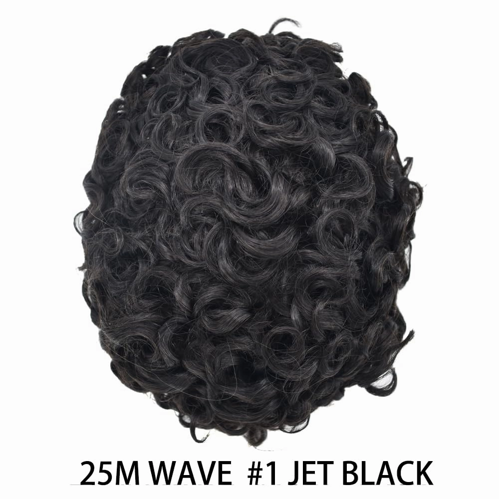Afro Toupee For Black Mens Hair Units For Man African American Curl Hair Systems Full French Lace Mens Hair Replacement Curly Male Hair Pieces 8X10Inch 25MM Afro Wave#1 Jet Black