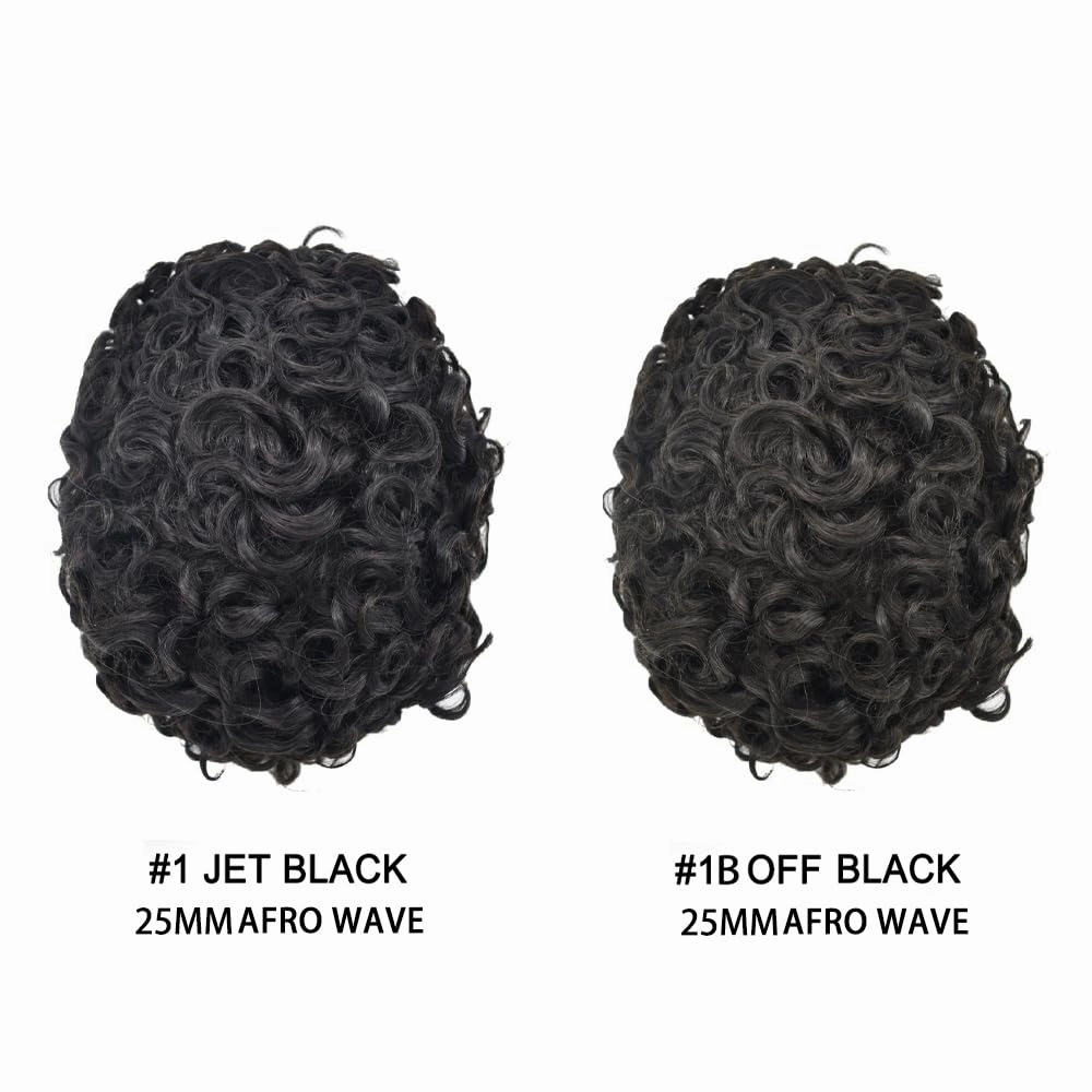 Afro Toupee For Black Mens Hair Units For Man African American Curl Hair Systems Full French Lace Mens Hair Replacement Curly Male Hair Pieces 8X10Inch 25MM Afro Wave#1 Jet Black