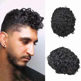 Afro Toupee For Black Mens Hair Units For Man African American Curl Hair Systems Full French Lace Mens Hair Replacement Curly Male Hair Pieces 8X10Inch 25MM Afro Wave#1B Off Black