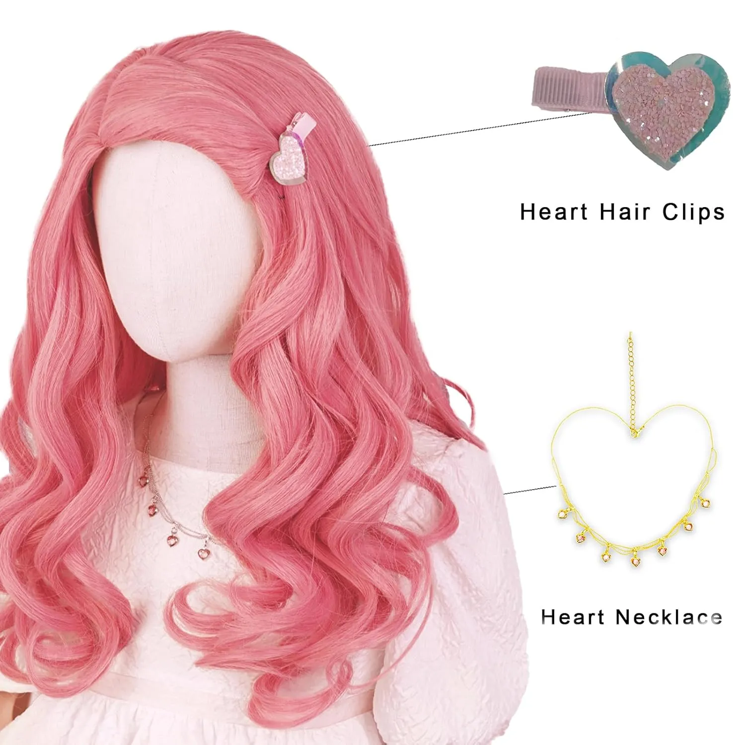 Aicos Kids Long Pink Curly Wig with Heart Hair and Necklaces for Cosplay Costume Wig