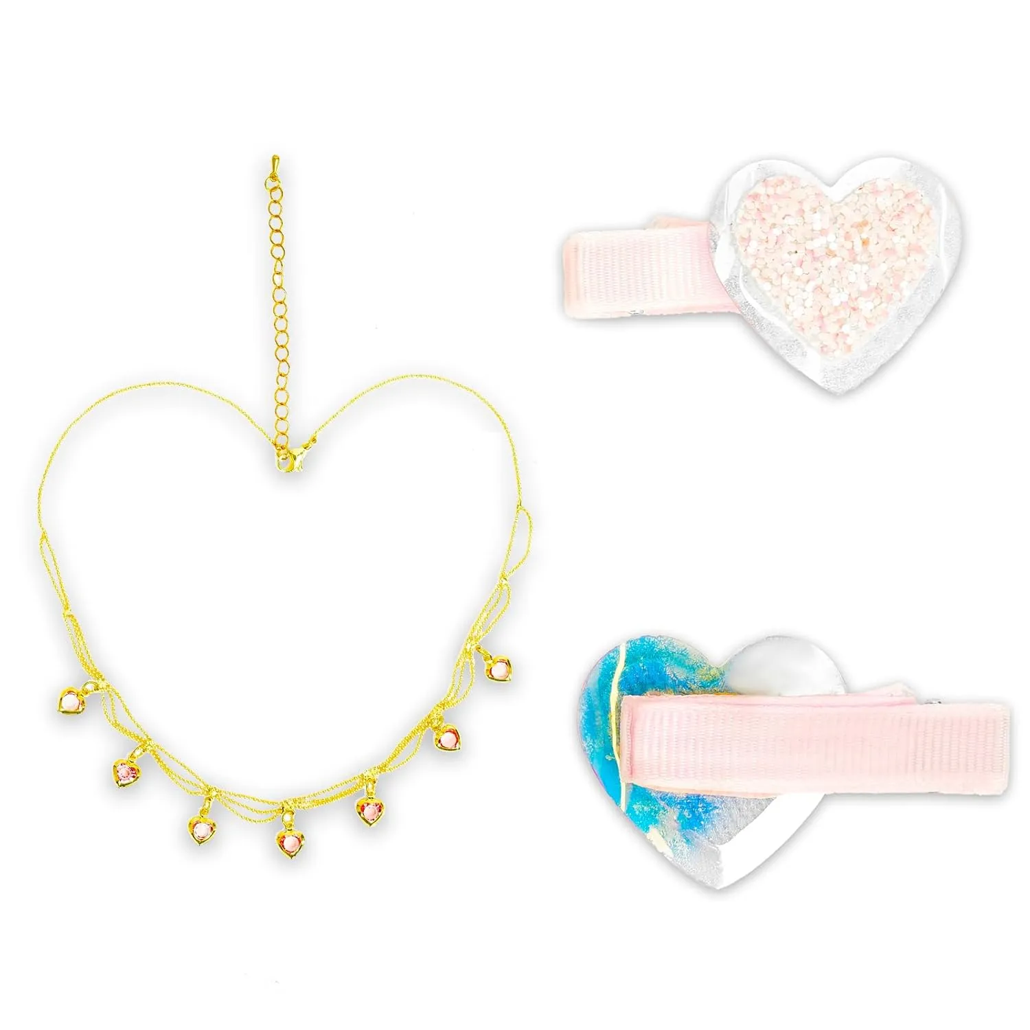 Aicos Kids Long Pink Curly Wig with Heart Hair and Necklaces for Cosplay Costume Wig