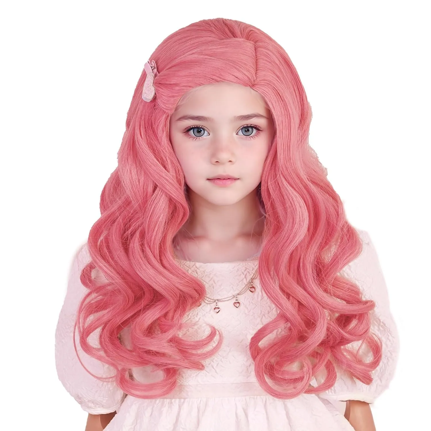 Aicos Kids Long Pink Curly Wig with Heart Hair and Necklaces for Cosplay Costume Wig