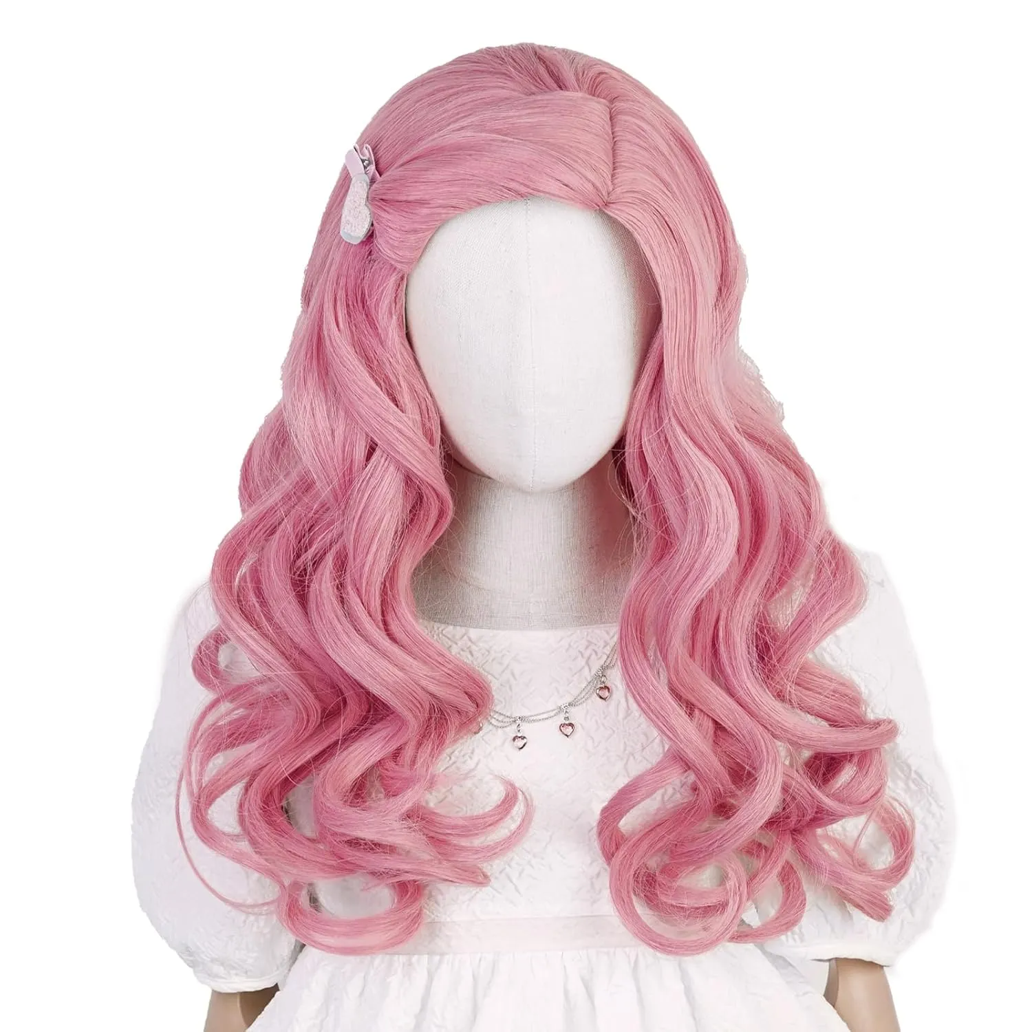 Aicos Kids Long Pink Curly Wig with Heart Hair and Necklaces for Cosplay Costume Wig