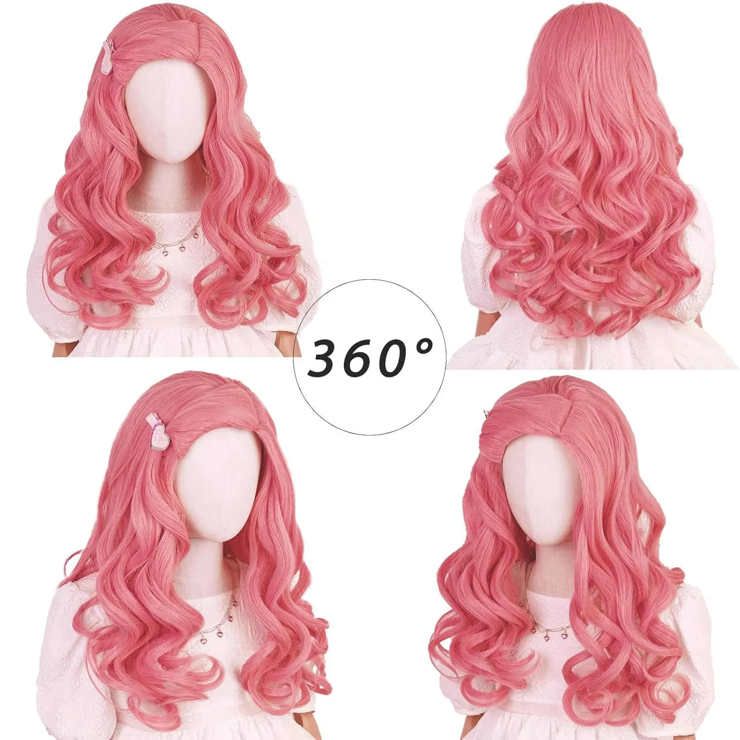 Aicos Kids Long Pink Curly Wig with Heart Hair and Necklaces for Cosplay Costume Wig