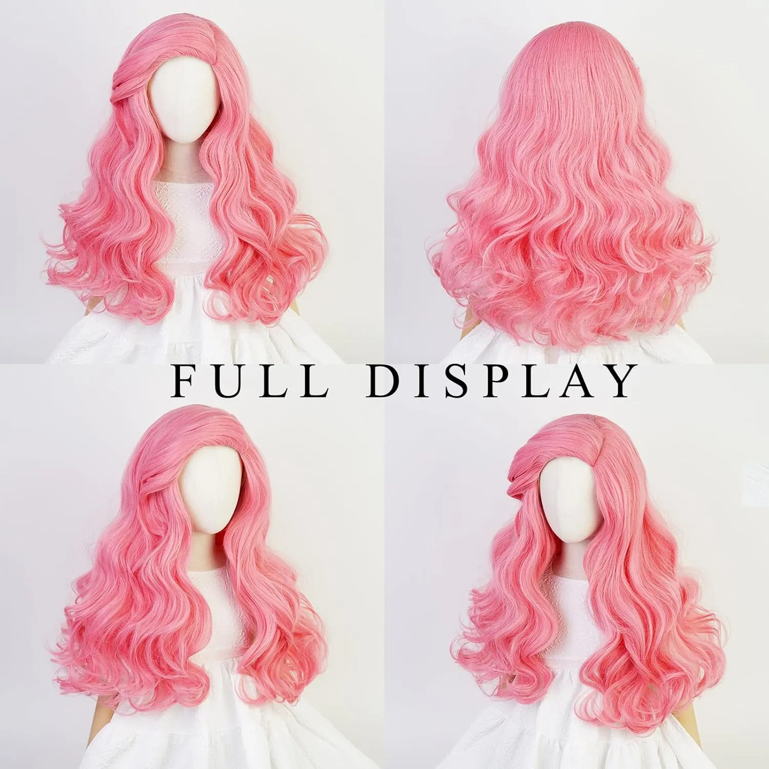 Aicos Pink Curly Wigs for Kids Grils Long Curly Wig with Heart Clips   Necklaces for Halloween Christmas Costume Party