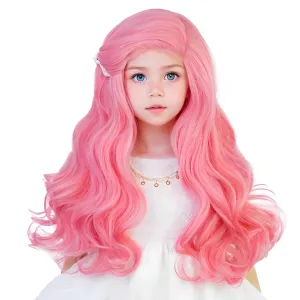 Aicos Pink Curly Wigs for Kids Grils Long Curly Wig with Heart Clips   Necklaces for Halloween Christmas Costume Party