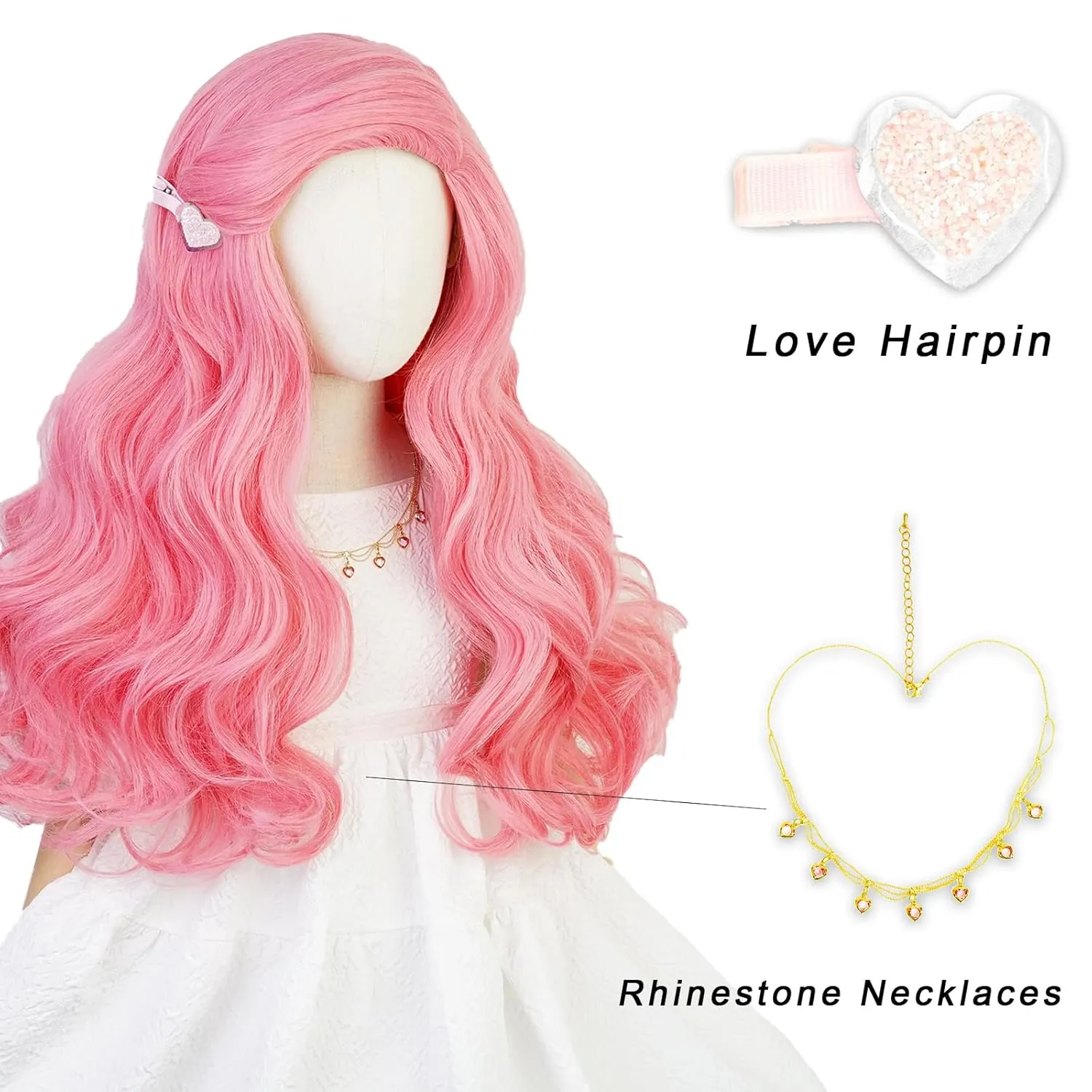Aicos Pink Curly Wigs for Kids Grils Long Curly Wig with Heart Clips   Necklaces for Halloween Christmas Costume Party