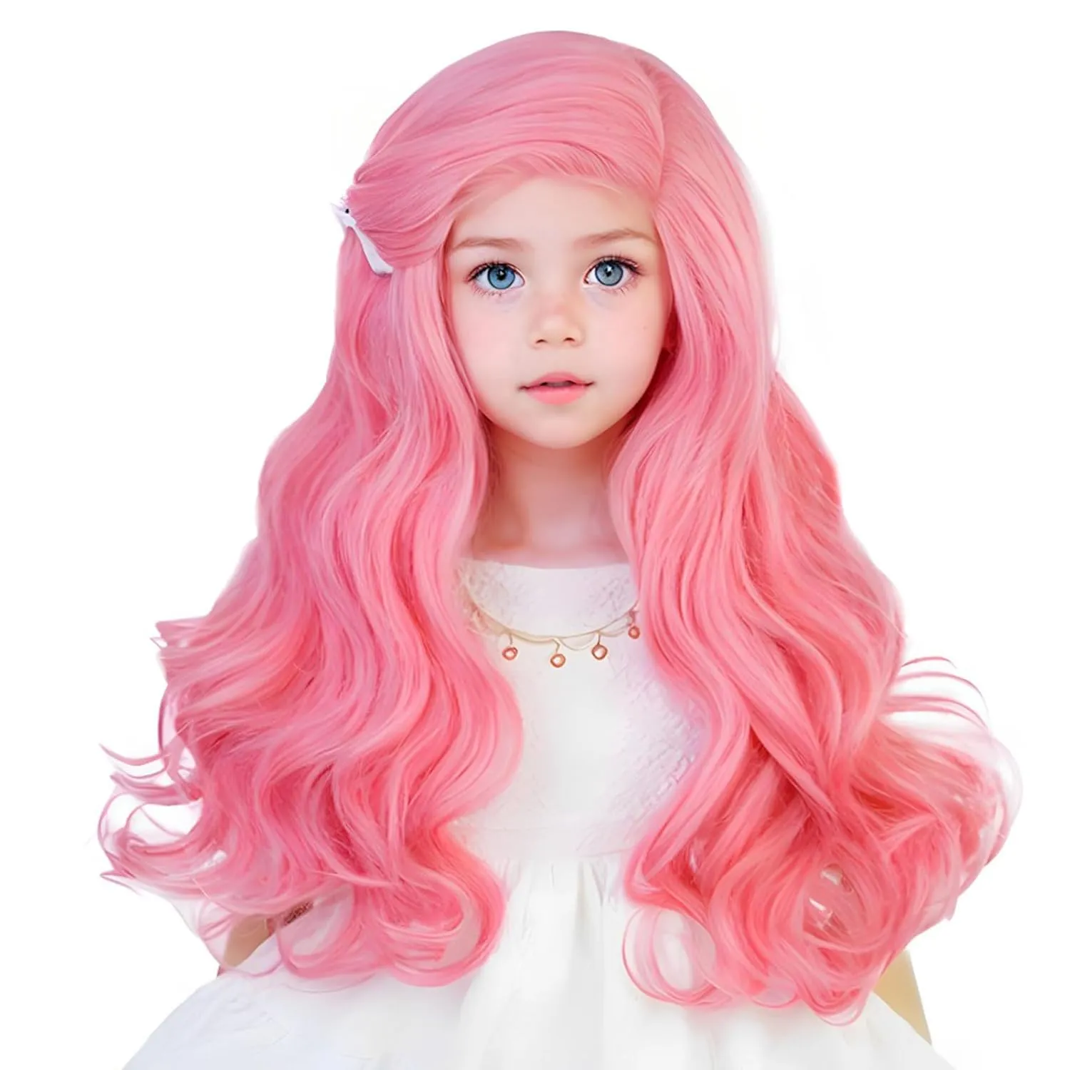 Aicos Pink Curly Wigs for Kids Grils Long Curly Wig with Heart Clips   Necklaces for Halloween Christmas Costume Party
