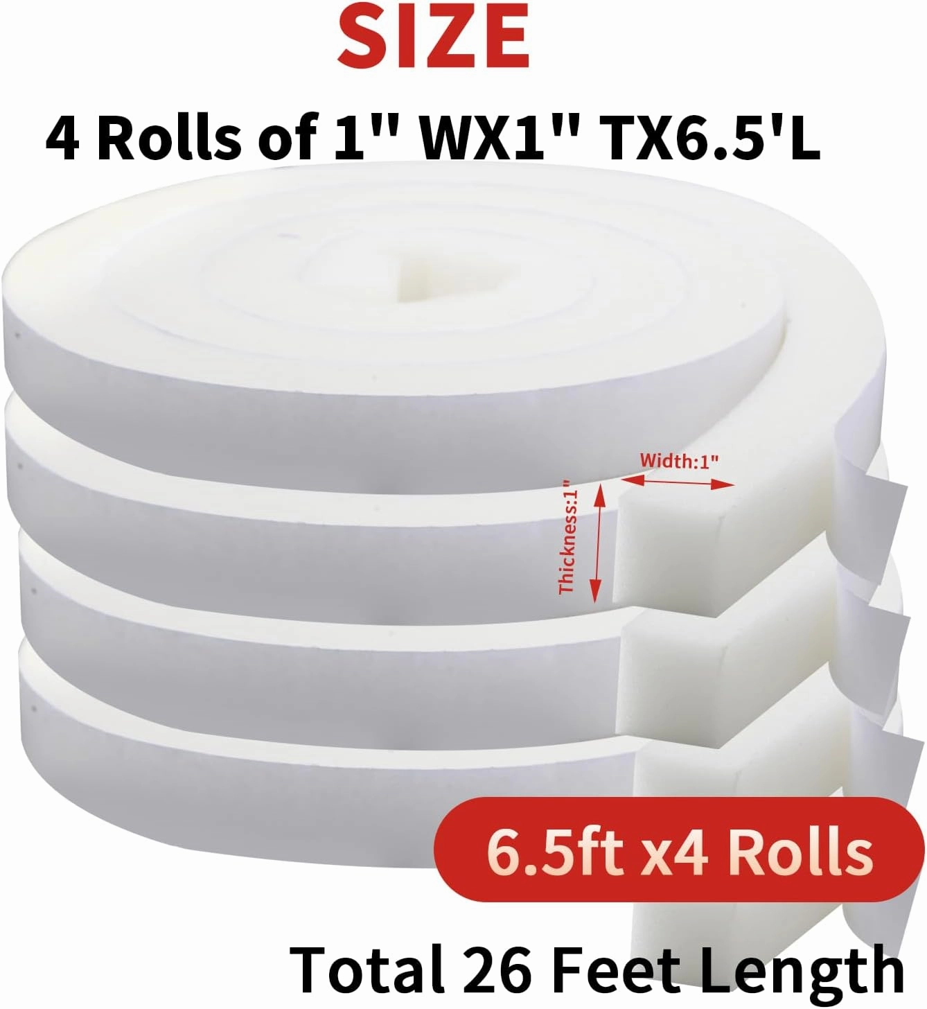 Aiglille Weather Stripping Door Seal 1 Inch W X 1 Inch T, Open Cell Air Conditioner Foam Insulation Window Seal, Total Length 26 Feet (6.5ft x 4 Rolls)