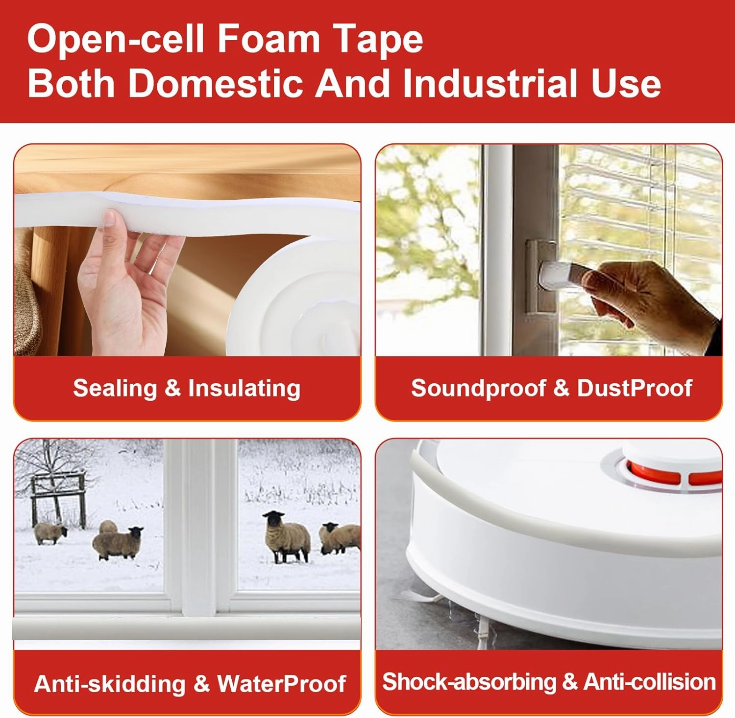 Aiglille Weather Stripping Door Seal 1 Inch W X 1 Inch T, Open Cell Air Conditioner Foam Insulation Window Seal, Total Length 26 Feet (6.5ft x 4 Rolls)