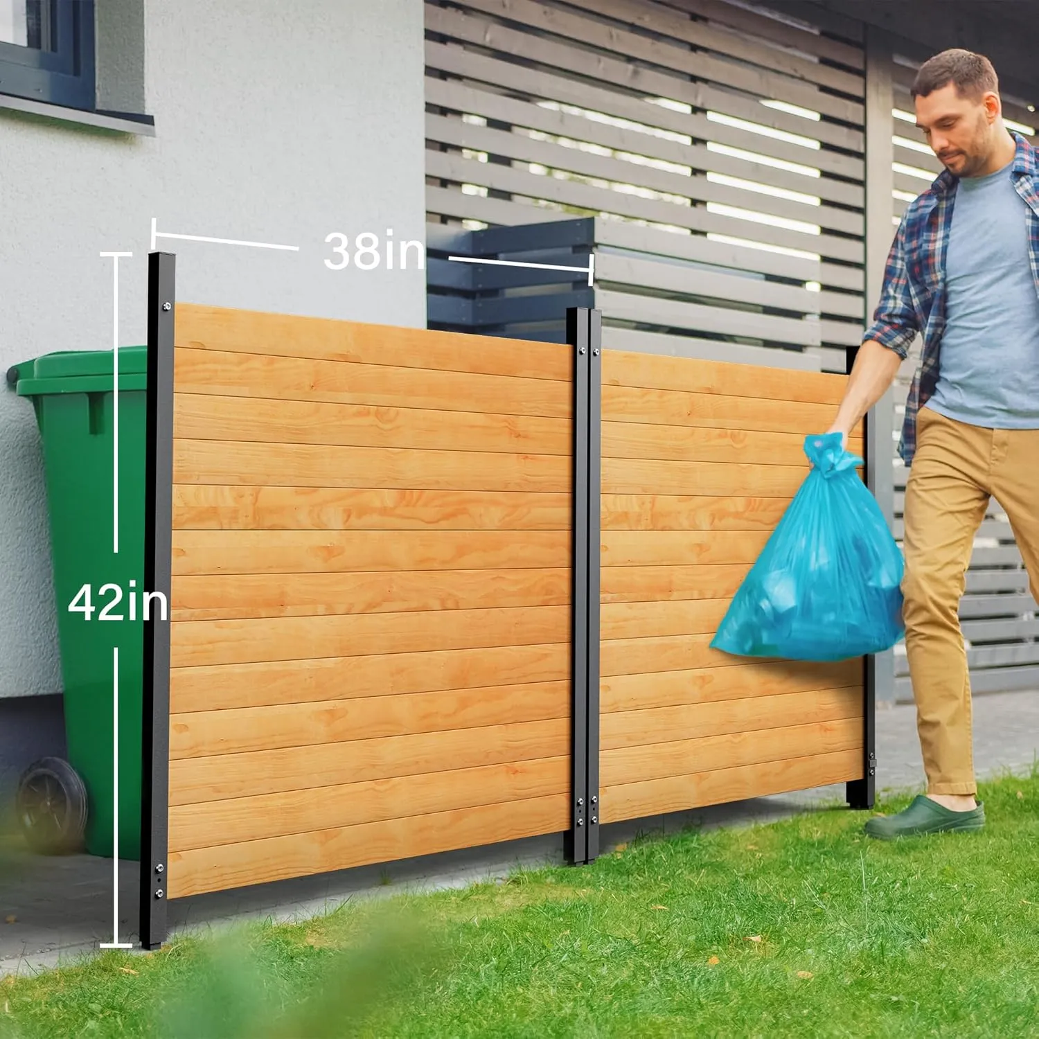 Air Conditioner Fence Wood Privacy Screen，Horizontal Privacy Fence Panels for Outside，Outdoor Trash Can Pool Equipment Enclosure Panels with Metal Stakes，42"" H x 38"" W, 2 Panels, ZL-0020