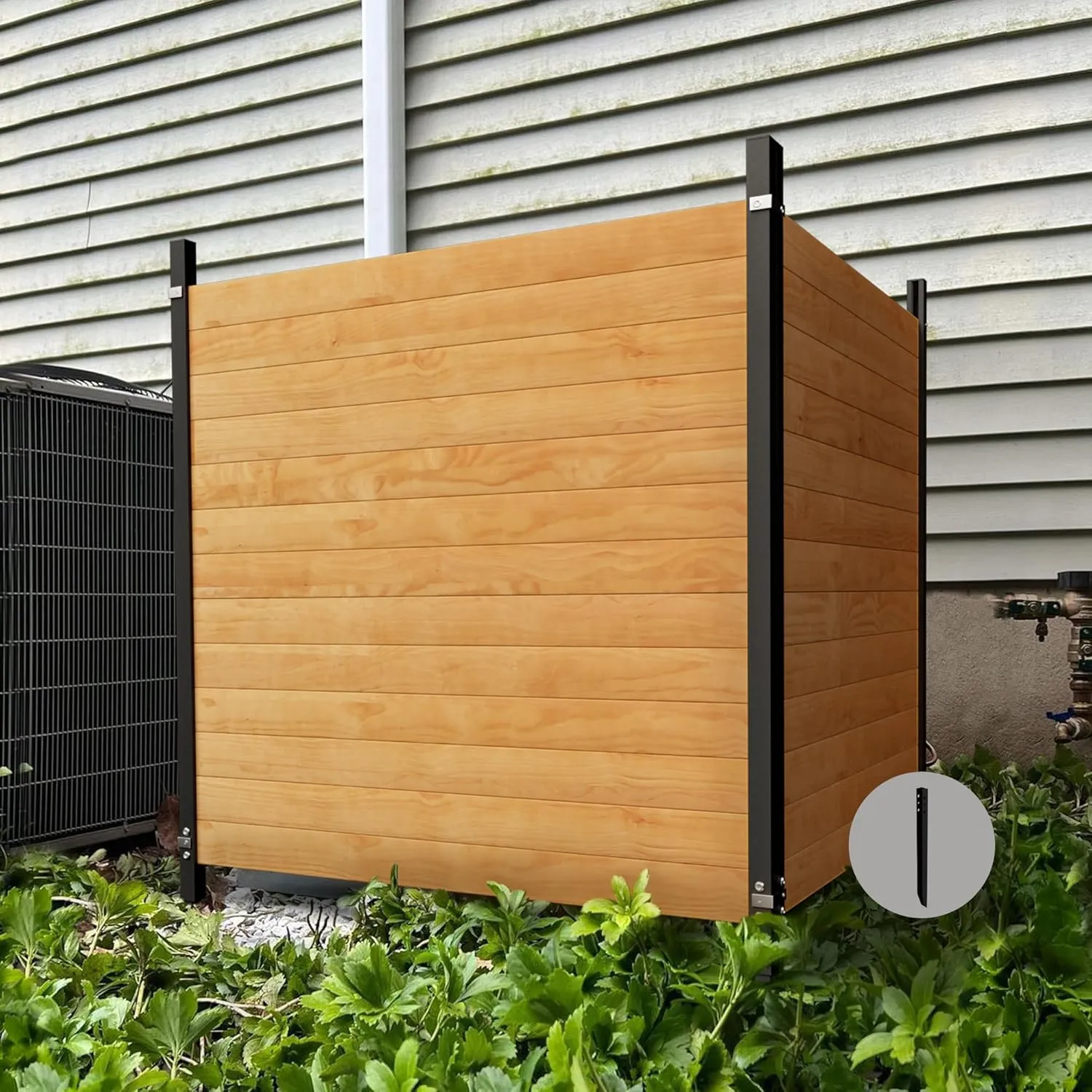 Air Conditioner Fence Wood Privacy Screen，Horizontal Privacy Fence Panels for Outside，Outdoor Trash Can Pool Equipment Enclosure Panels with Metal Stakes，42"" H x 38"" W, 2 Panels, ZL-0020