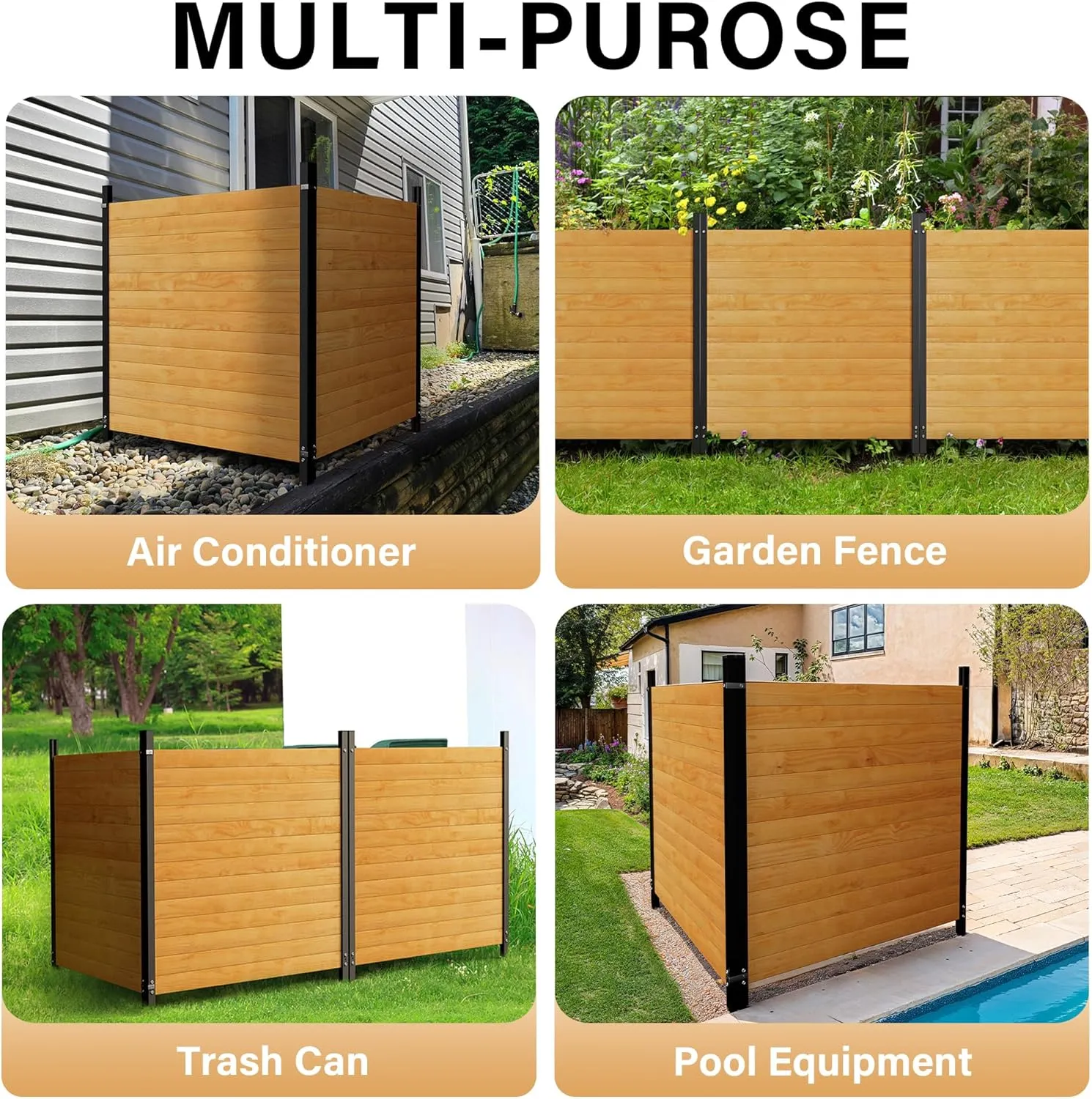 Air Conditioner Fence Wood Privacy Screen，Horizontal Privacy Fence Panels for Outside，Outdoor Trash Can Pool Equipment Enclosure Panels with Metal Stakes，42"" H x 38"" W, 2 Panels, ZL-0020