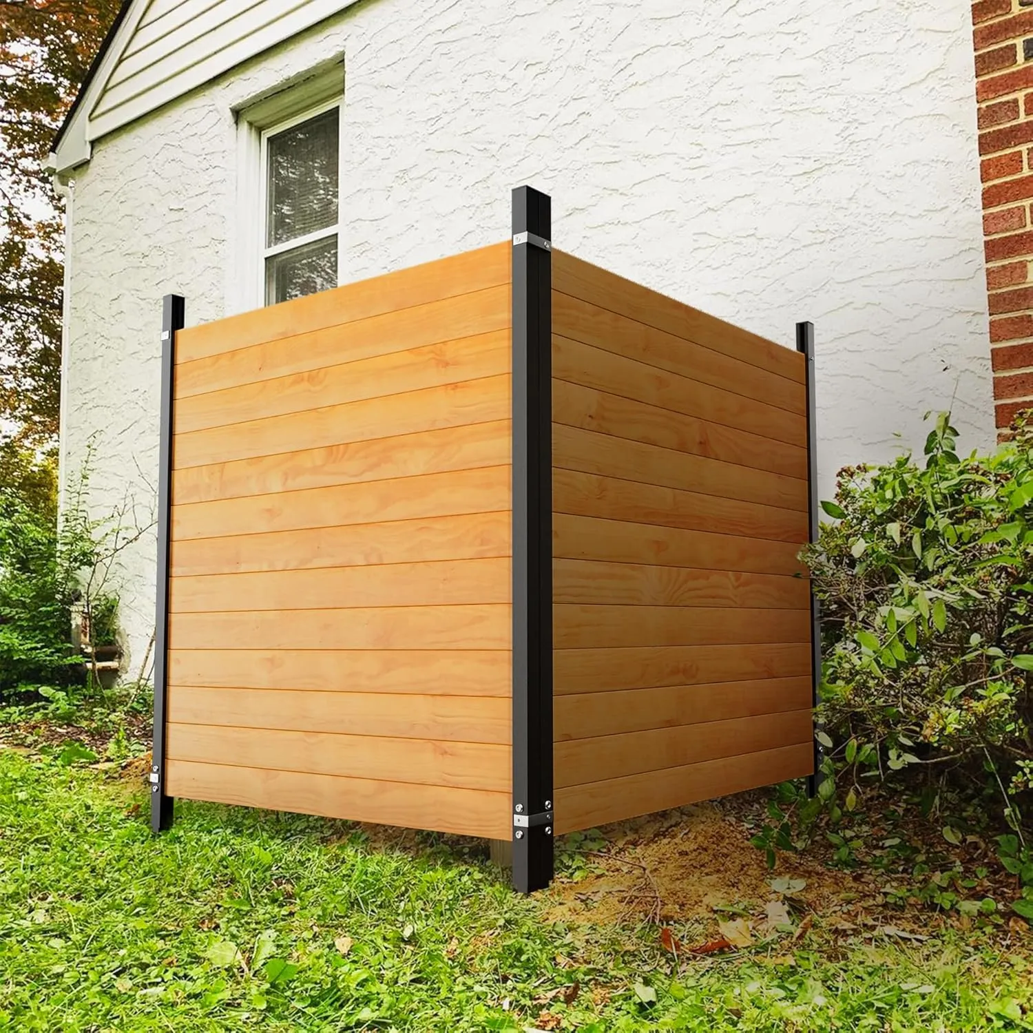 Air Conditioner Fence Wood Privacy Screen，Horizontal Privacy Fence Panels for Outside，Outdoor Trash Can Pool Equipment Enclosure Panels with Metal Stakes，42"" H x 38"" W, 2 Panels, ZL-0020