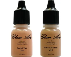Airbrush Makeup Foundation Matte M9 Sunset Tan and M10 Golden Carmel Water-based Makeup Long Lasting All Day Without Smearing Running, Fading or Caking 0.25 Oz Bottle By Glam Air