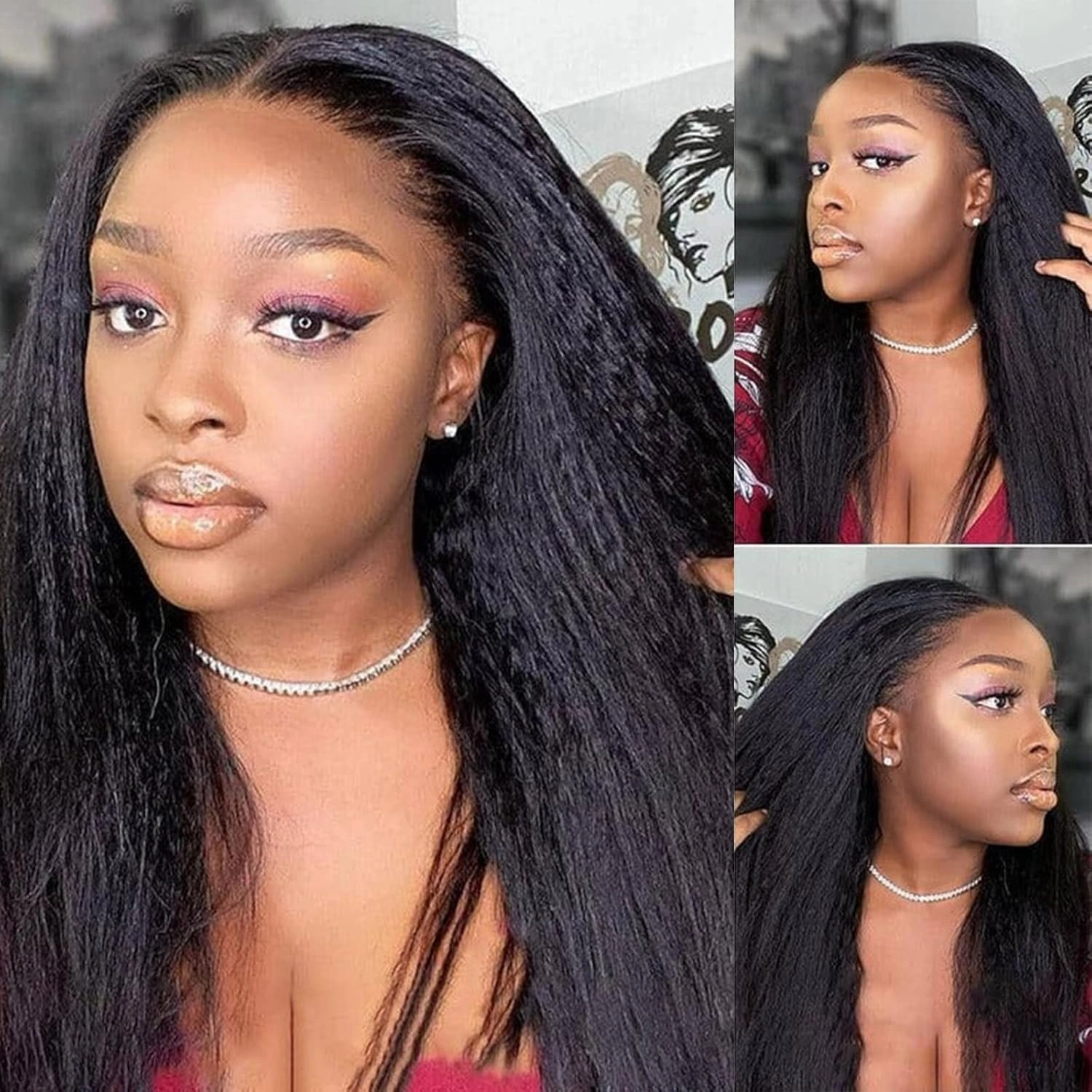 Aisaide Kinky Straight V Part Wig Upgrade U Part Yaki Straight V Shaped Wigs Synthetic Yaki Hair Natural Black No Leave Out Glueless Clip in Half for Black Women V Shape 20inch 1B